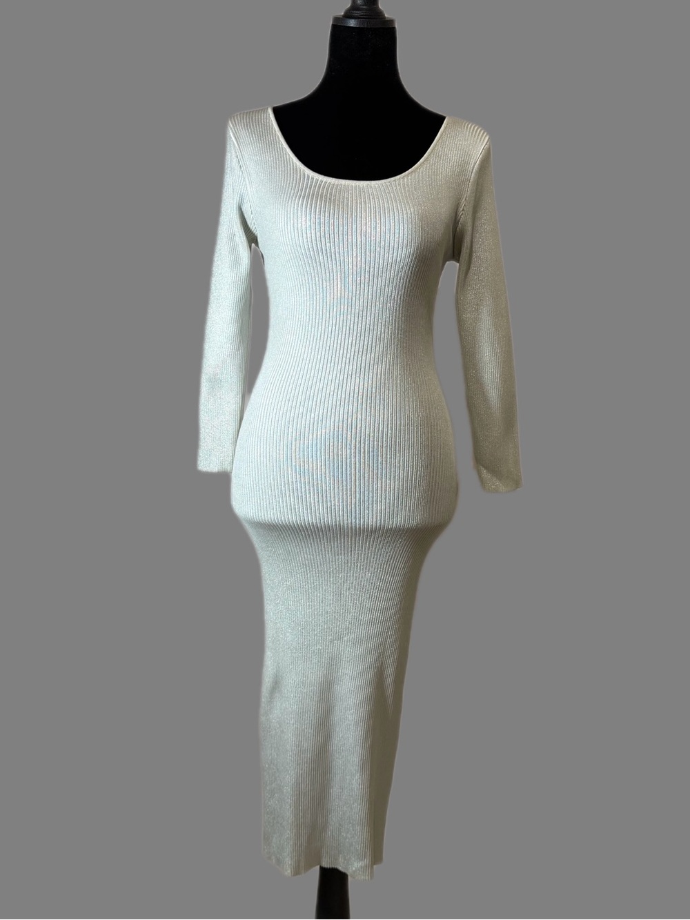 Ziegler Silver Ribbed Knit Shimmer Midi Dress Long Sleeve Bodycon S - Picture 4 of 8